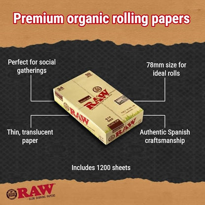 RAW Unrefined Organic 1.25 1 1/4 Size Cigarette Rolling Papers Full Box of 24 Packs, Yellow, 50 Count (Pack of 24)