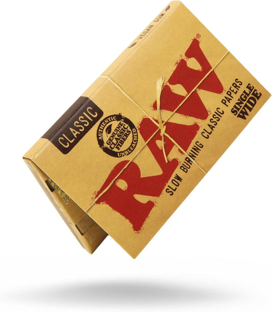 RAW Classic Single Wide Double Feed Rolling Papers Full Box | 25 Packs of 100 Leaves. Natural unbleached rolling papers. Tobacco rolling papers