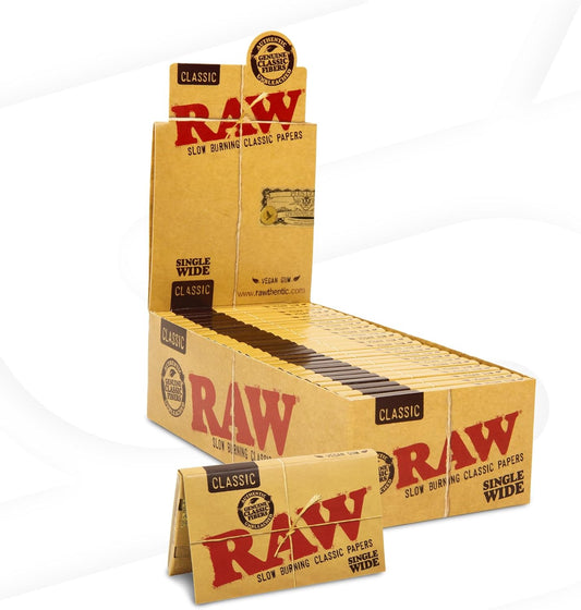 RAW Classic Single Wide Double Feed Rolling Papers Full Box | 25 Packs of 100 Leaves. Natural unbleached rolling papers. Tobacco rolling papers