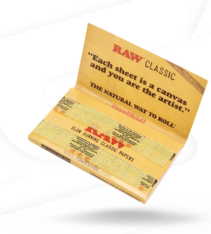 RAW Classic Single Wide Double Feed Rolling Papers Full Box | 25 Packs of 100 Leaves. Natural unbleached rolling papers. Tobacco rolling papers