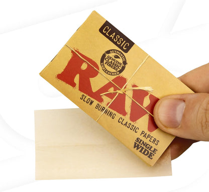 RAW Classic Single Wide Double Feed Rolling Papers Full Box | 25 Packs of 100 Leaves. Natural unbleached rolling papers. Tobacco rolling papers