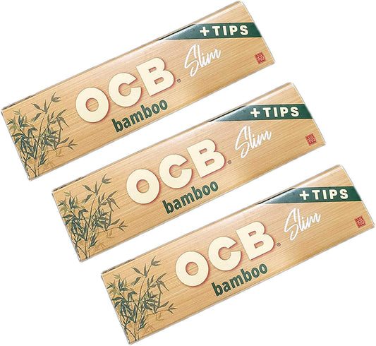 OCB - Bamboo King Slim Size Rolling Papers with Tips - 3 Booklets with 32 Leaves per Booklet | Tobacco rolling papers