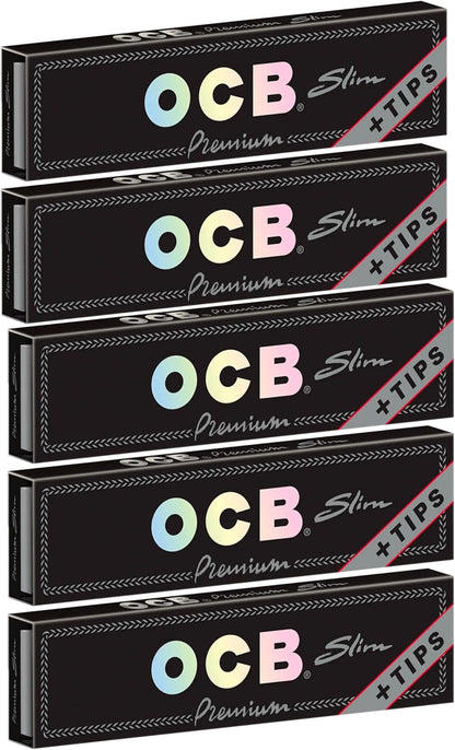 OCB Rolling Papers Premium King Slim 109mm with Tips (5 Pack) | Tobacco Rolling papers | Unbleached cigarette rolling papers