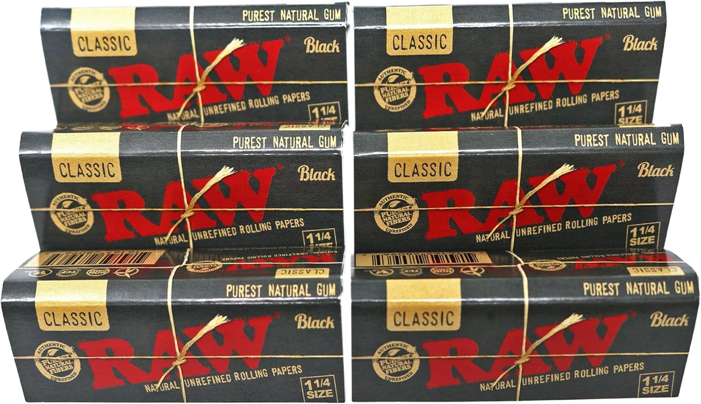 RAW Classic Black 1 1/4 Size Natural Unrefined Ultra Thin 79mm Rolling Papers (6 Packs). Raw rolling papers for cigarettes and tobacco