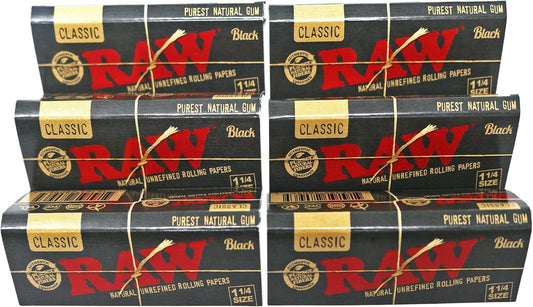 RAW Classic Black 1 1/4 Size Natural Unrefined Ultra Thin 79mm Rolling Papers (6 Packs). Raw rolling papers for cigarettes and tobacco